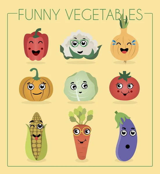 Zestaw płaskich warzyw i owoców z rysunkowymi twarzami. Zabawne postacie z jedzenia. Różne emocje śmiech, wstyd, niespodzianka na arbuza, gruszka, pieprz, dynia, kapusta, pomidor, kukurydza — Wektor stockowy