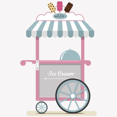 Dümdüz tatlı dondurma arabası. Park 'taki restoran, panayır, sokak ve festival. Pastel pembe ve mavi tonlarda vektör çizimi. Dondurma, dondurma, dondurma, dondurma, dondurma ve milkshake satışı..