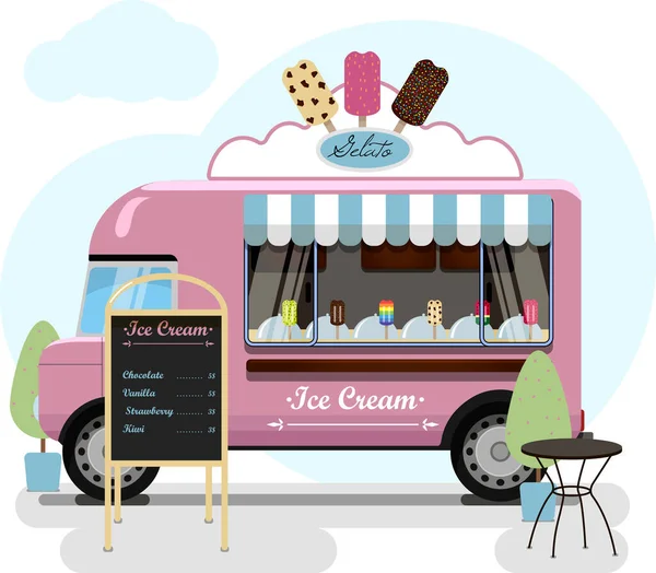 Camião de comida de rua com gelado. Vector ilustração plana de uma pastelaria sobre rodas com um toldo listrado, Popsicle em uma van e um stand de publicidade com um menu. Ilustração retro elegante de rápido — Vetor de Stock