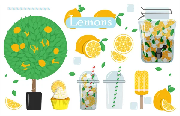 Un set di immagini piatte con limoni e limonata. Illustrazione vettoriale di un bicchiere di limonata con ghiaccio e menta da asporto, limoni tagliati e interi, albero di limone, torta e gelato. Un set di tutti i tipi e — Vettoriale Stock