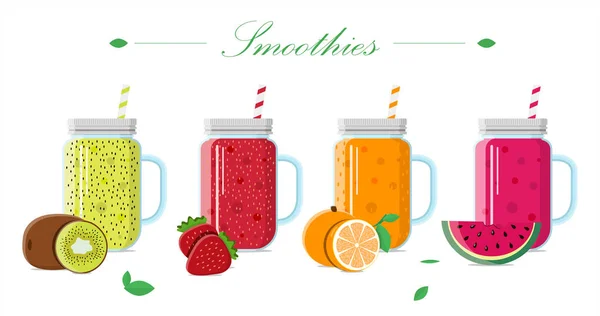 Fruit smoothie in a glass jar with a lid and a straw. Set of vector illustrations of drinks from fresh fruits and berries, orange, kiwi, strawberry, watermelon. Mixed in a blender with fruit for a — Stock Vector