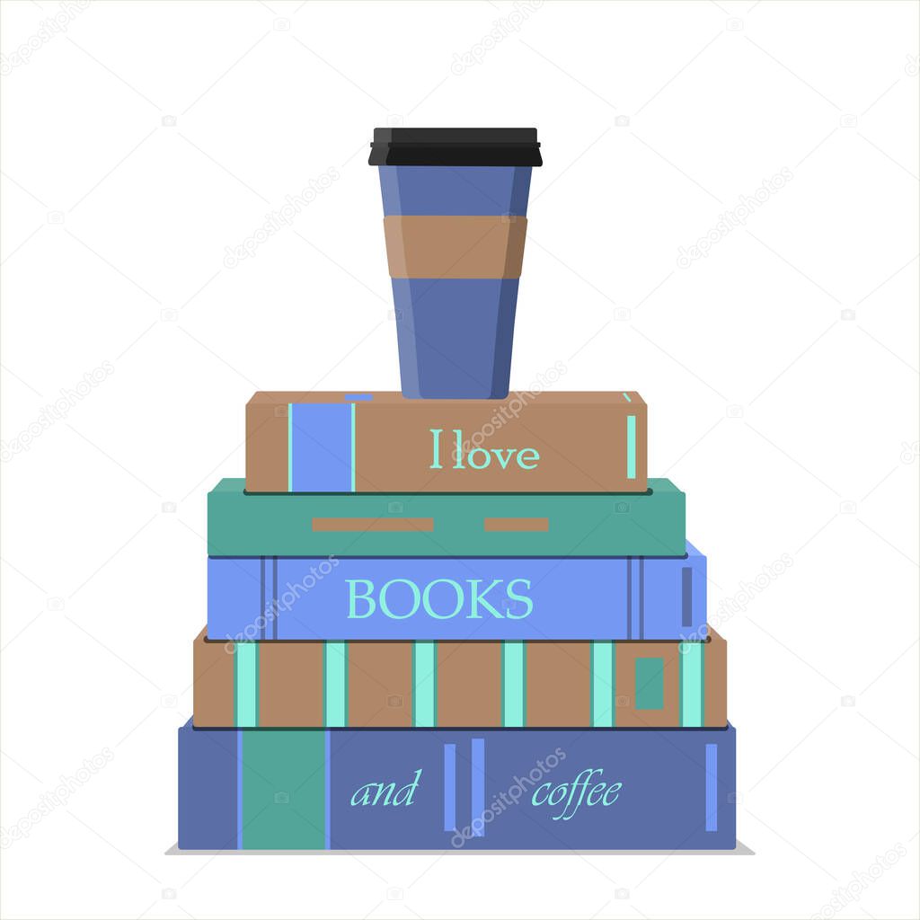 A vertical stack of books and a Cup of coffee. Lettering on books I love books and coffee. Vector flat illustration in nice pastel colors.