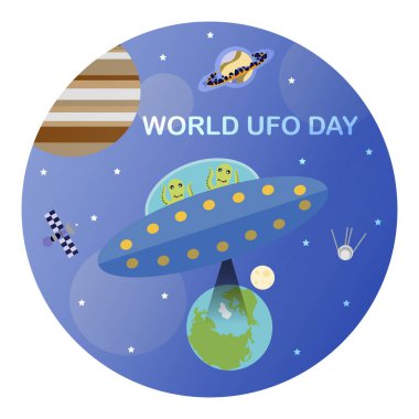  Uluslararası UFO günü için görüntü. Dünya gezegeninden bir şey çalmak isteyen uzaylılarla dolu bir uçan daire resmi..