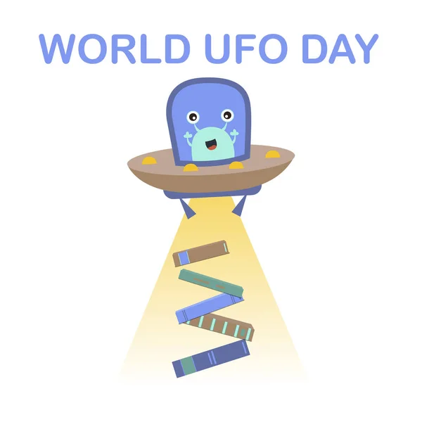 image for international UFO day. A flat picture of a flying saucer with aliens who want to steal something from the planet Earth.