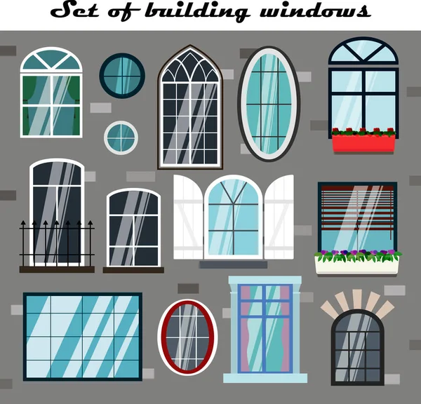 Zestaw okien wektorowych do budynków. Płaska ilustracja różnych typów i stylów ram i okien do domu. Okna z okiennicami, łukami, europejskie, z balkonem, duże i podwójne — Wektor stockowy