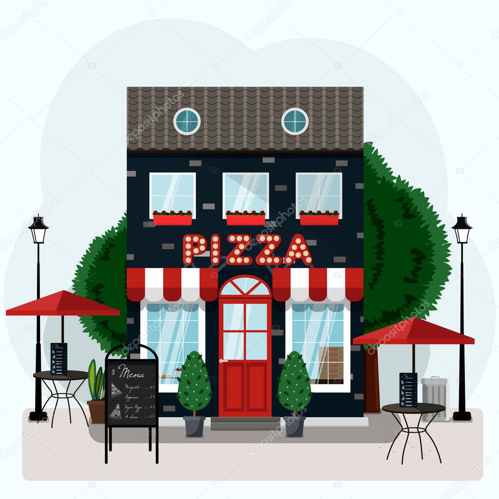 Facade of a pizza restaurant with outdoor tables and home delivery. Vector illustration of a pizzeria with a red and white canopy, Billboard and potted plants.