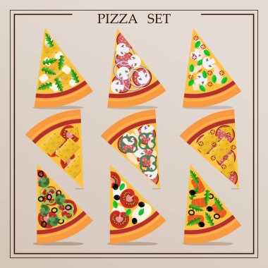 Düz pizza dilimleri. Çeşitli pizzaların vektör çizimi. Domates, tavuk, salam, somon, peynir, biber, kırmızı biber, soğan, roka, fesleğen ve mantarlı İtalyan yemeği dilimleri..