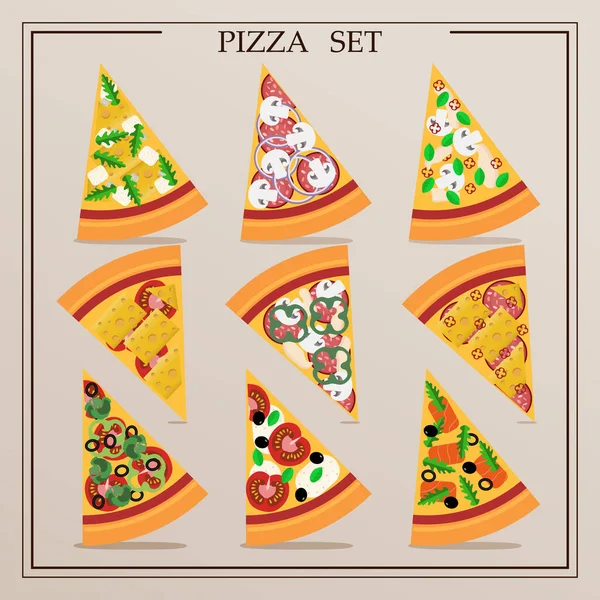 Um conjunto de fatias planas de pizza. Ilustração vetorial de pizza variada. Corte pedaços de um prato italiano com tomate, frango, salame, salmão, queijo, pimenta, pimenta, cebola, arugula, manjericão e cogumelos . —  Vetores de Stock