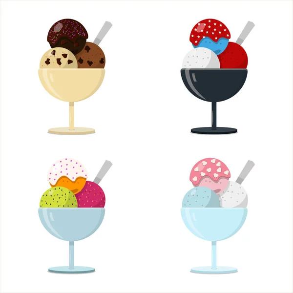 Set de jarrones vectoriales planos con bolas de helado. Bolas de gelato multicolores con diferentes gustos en un vaso en una pierna en un café o restaurante. Postre frío con aderezos, polvos, jarabe y chocolate . — Archivo Imágenes Vectoriales