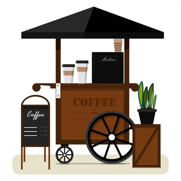 Chariot de rue vendant du café. Illustration vectorielle plate d'un étal de rue portable avec auvent, panneau d'affichage et machine à café. Comptoir en bois élégant avec café à emporter. — Image vectorielle