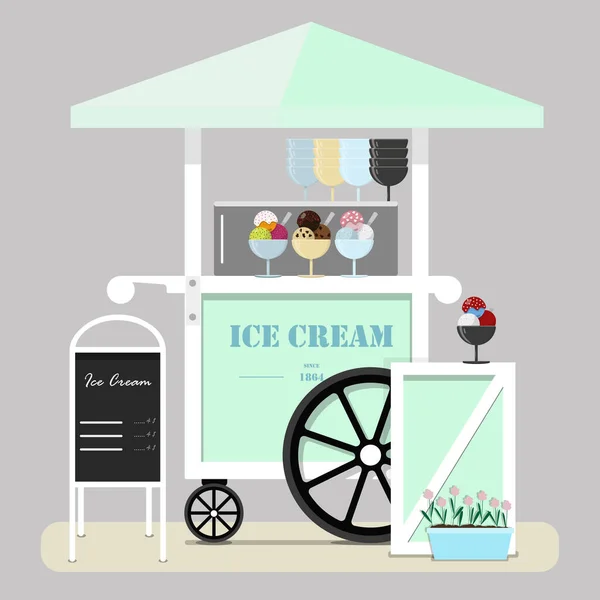 Plochý vozík se zmrzlinou. Večeře v parku, na veletrhu, na ulici a na festivalu. Vektorová ilustrace pastelově zelenými a modrými tóny. Místa prodeje zmrzliny, nanuku, želatiny, ledu a mléčných koktejlů. — Stockový vektor