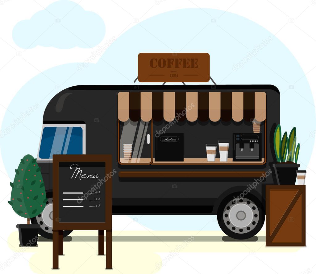 Street van selling coffee. Flat vector illustration of a mobile cafeteria with a canopy, Billboard and coffee machine. Stylish wooden counter with coffee to take away.