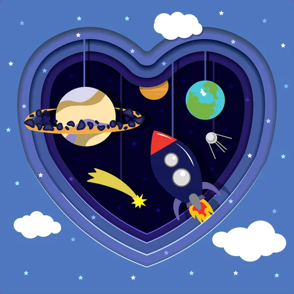 Space cut out of paper with planets, rocket and stars. Heart cut out of paper. Hung on strings paper satellite, Earth, Saturn, mercury, satellite and meteorite. Paper cartoon space with stars and