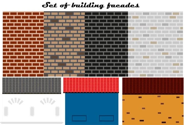 Klasik elementleri ve fayanslı çatısı olan binalardan oluşan bir set. Kentsel binaların dış kaplamasının dokusunun düz vektör resimleri.