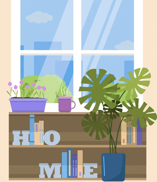 Okno wektorowe z widokiem na miasto, z kwiatem na parapecie i filiżanką herbaty. Płaska ilustracja pokoju z półkami na książki, uchwyty na książki, kwiat domowy w garnku potwora i — Wektor stockowy