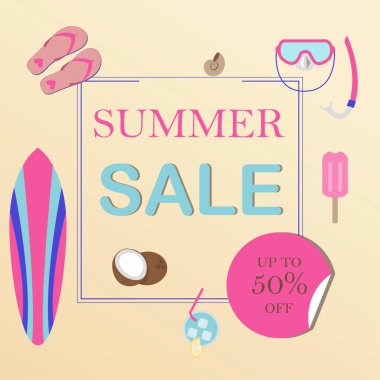 Yazın satılan malların düz çizimi. Bir afiş, web sitesi veya broşürde, yaz aylarında mal, ürün ve giysi indirimlerinde yüzde 50 indirim. Eriyen fiyatlar