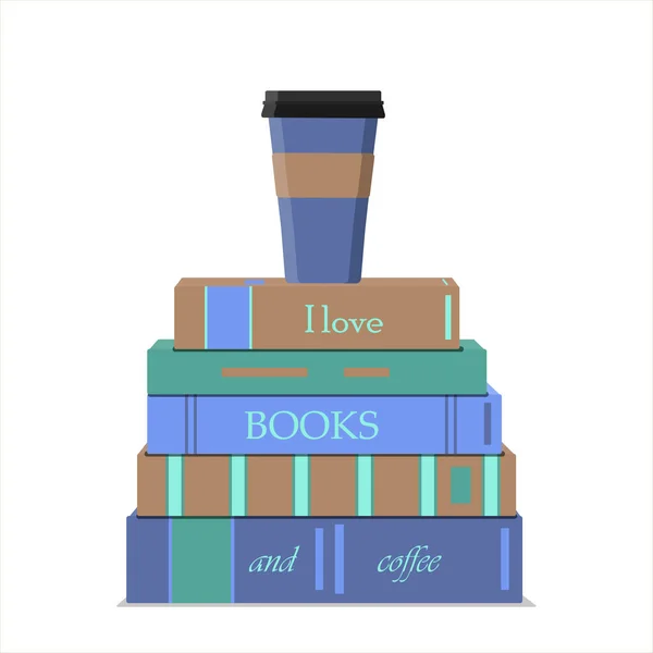 Una pila vertical de libros y una taza de café. Letras en libros Me encantan los libros y el café. ilustración plana en colores pastel agradable . —  Fotos de Stock