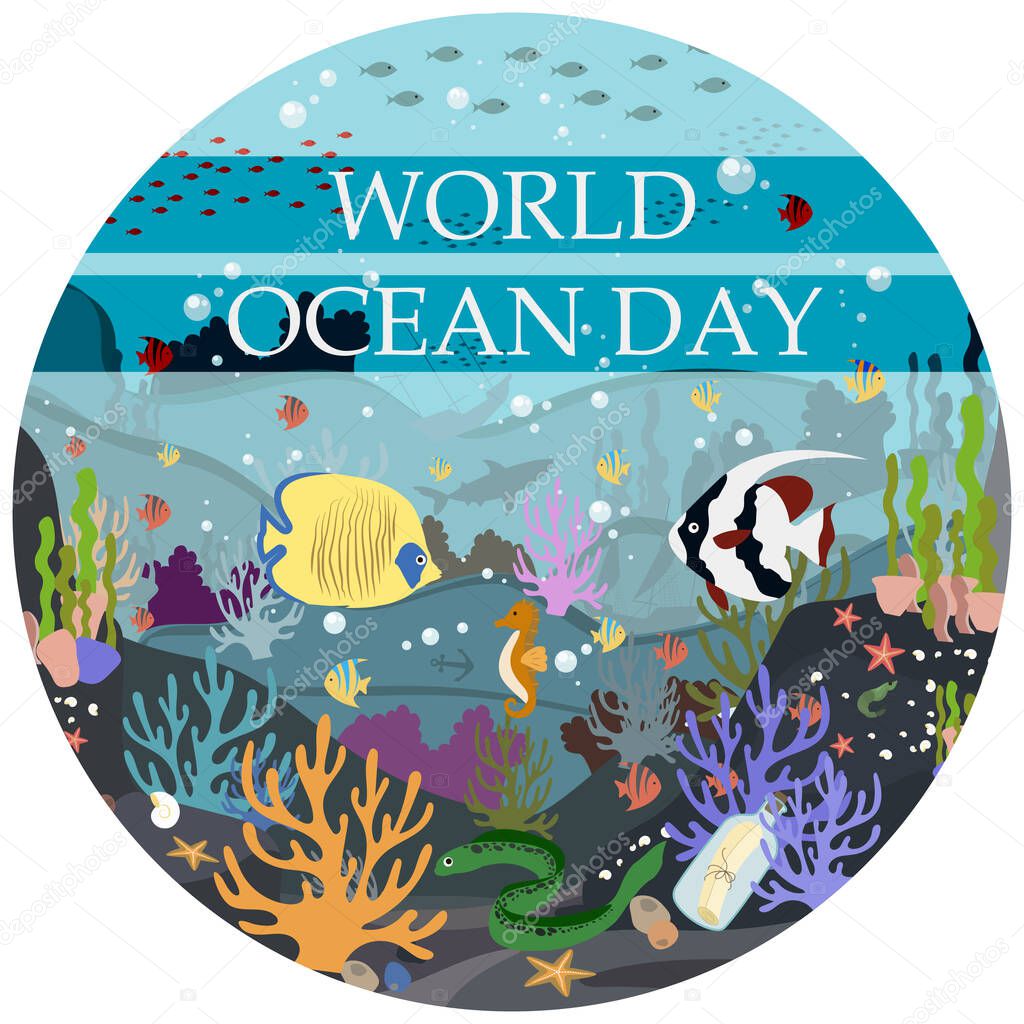  flat illustration of the underwater world. Postcard-poster for the world ocean day on June 8. Protection of nature, underwater world and marine animals.