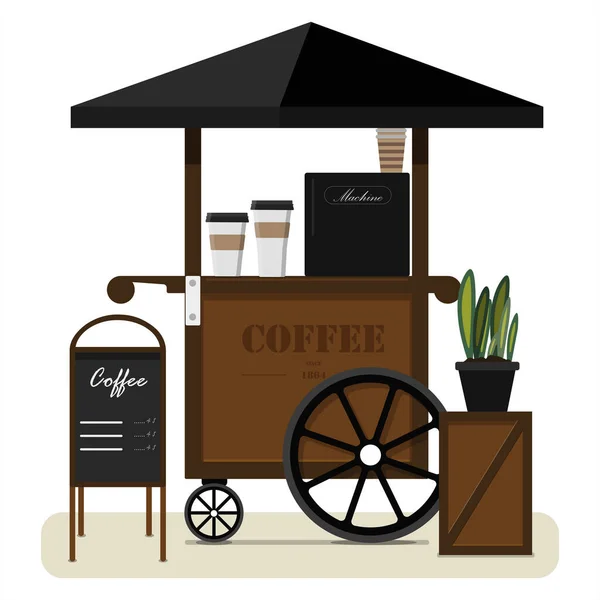 街头购物车卖咖啡。一个带有天篷、广告牌和咖啡机的便携式街头摊位的平面插图。别致的木制柜台，加咖啡带走. — 图库照片