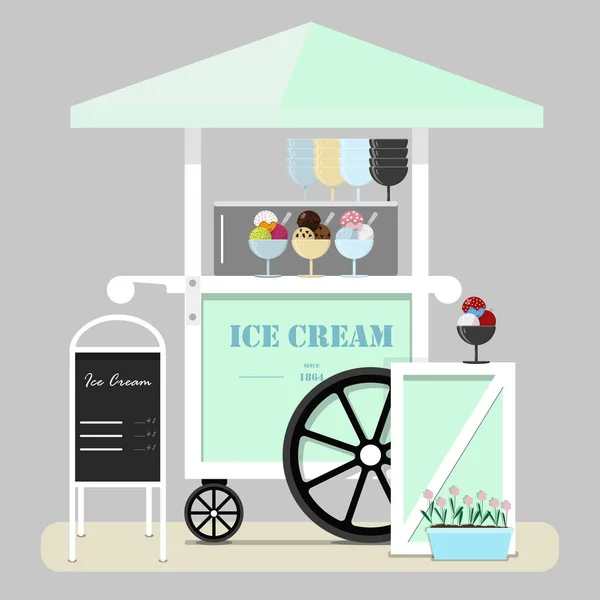 En platt söt glassvagn. Middag i parken, på mässan, gatan och festivalen. illustration i pastellgröna och blå toner. Försäljningsställe för glass, glass, glass, glass och milkshake. — Stockfoto