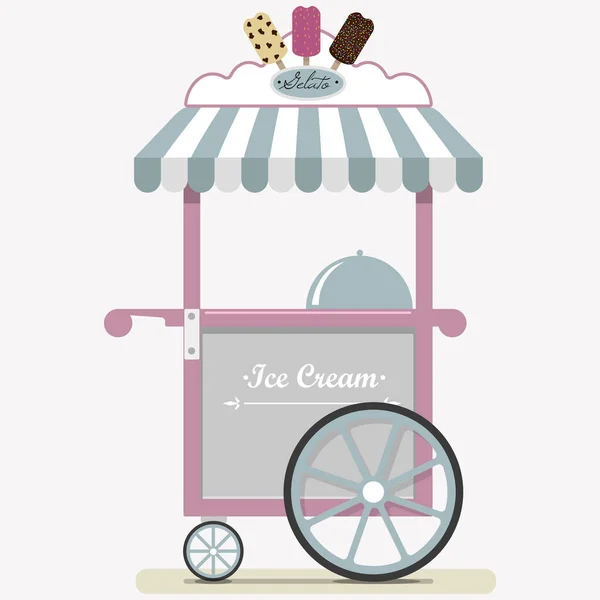 Ilustración plana de carro de helado lindo. Comedor en el Parque, en la feria, calle y festival. ilustración en tonos pastel rosa y azul. Punto de venta de helados, paletas, gelato, hielo y —  Fotos de Stock