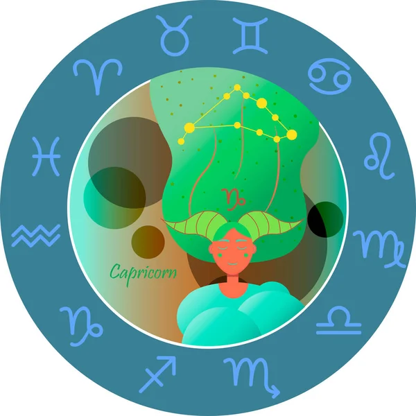 Vektorové znázornění znamení zvěrokruhu horoskopem. Dívka s dlouhými vlasy hvězdnaté oblohy a souhvězdími Berana, Taura, Blížence, rakoviny, Lea, Panny, Libry, Štíra, Sagittariuse, Kozoroha — Stockový vektor