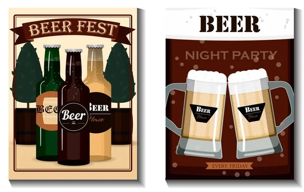 A set of vector flyers for a beer party, festival or advertising. Flat illustration with beer mugs, beer bottles, glasses and holiday decorations. Banner with information about a party, holiday, and — Stock Vector