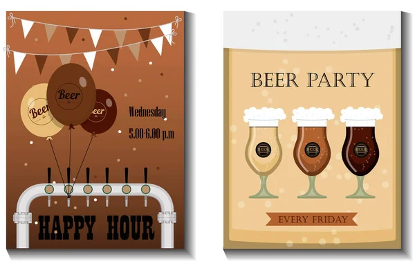 Un ensemble de flyers vectoriels pour une fête de bière, un festival ou une publicité. Illustration plate avec tasses à bière, bouteilles de bière, verres et décorations de vacances. Bannière avec des informations sur une fête, vacances, et — Image vectorielle
