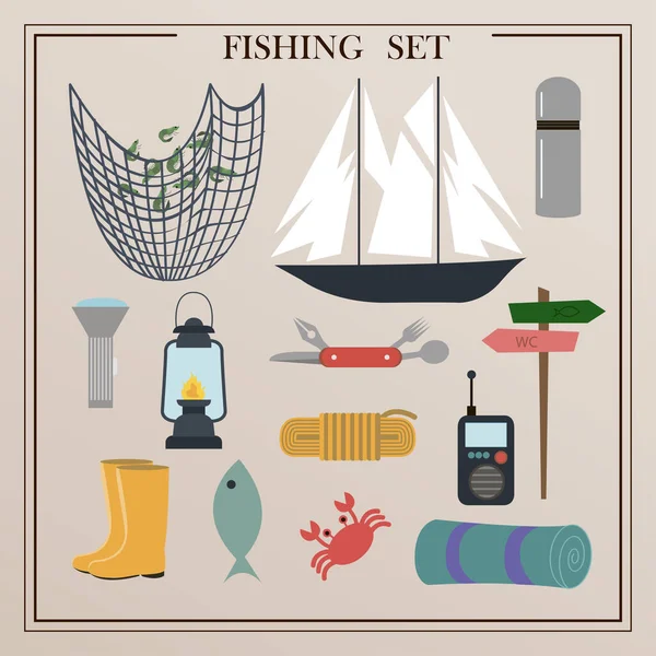 Een set van items voor het vissen met netten en een hengel. Vector illustraties van geïsoleerde items voor het vangen van zeedieren. Hengel, drijvers, netten, campingmes, lucifers, lantaarn, spinnen, thermoskan — Stockvector