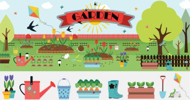Bahçe için geniş bir vektör kümesi. Çiçek tarlaları, traktör, çit, filizler, çiçekler, kuş evi, ağaçlar, bahçe dekorasyonu ve ekipmanlı düz bahçe çizimi. Güzel bir karikatür.