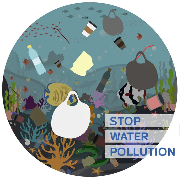 Flat  illustration for protecting water and the environment from pollution. A picture of the underwater world with corals, fish, Moray eels, algae, polluted with garbage, plastic and waste. — Stock Photo, Image