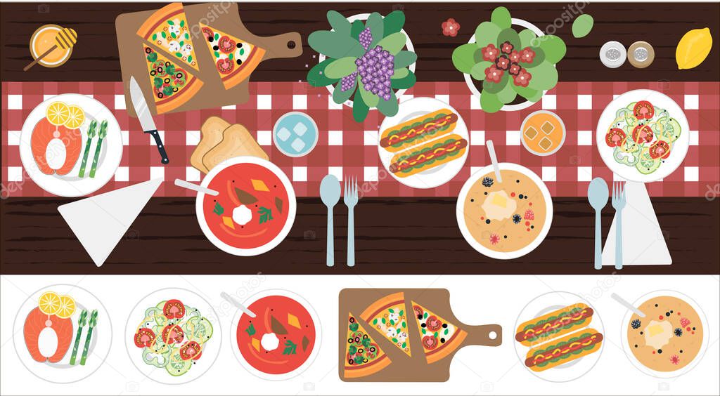 The view from the top on the table with dinner for two. Vector illustration of a dining table with soup, hot dogs, salad, pizza, fish, meat, juice and appliances. Wooden table with tablecloth, flowers