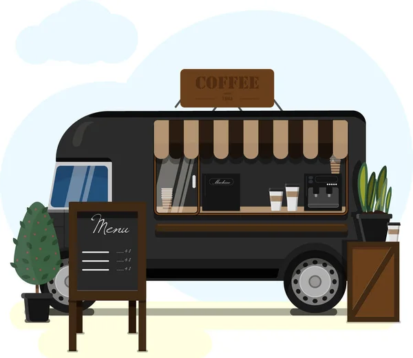 Uliczny van sprzedający kawę. Płaska ilustracja mobilnej kawiarni z baldachimem, Billboardem i ekspresem do kawy. Stylowy drewniany licznik z kawą do zabrania. — Zdjęcie stockowe