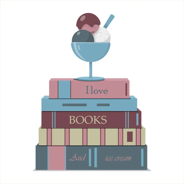 Une pile verticale de livres et un bol de boules de crème glacée. Lettrage sur les livres J'aime les livres et la crème glacée. illustration plate dans de belles couleurs pastel. — Photo