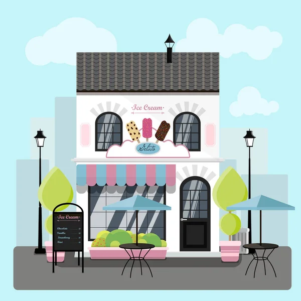 Фасад кафе-мороженого с летней открытой террасой. иллюстрация ресторанного мороженого, мороженого, мороженого и шариков с фруктовыми, шоколадными и ванильными вкусами. Здание с полосатой — стоковое фото