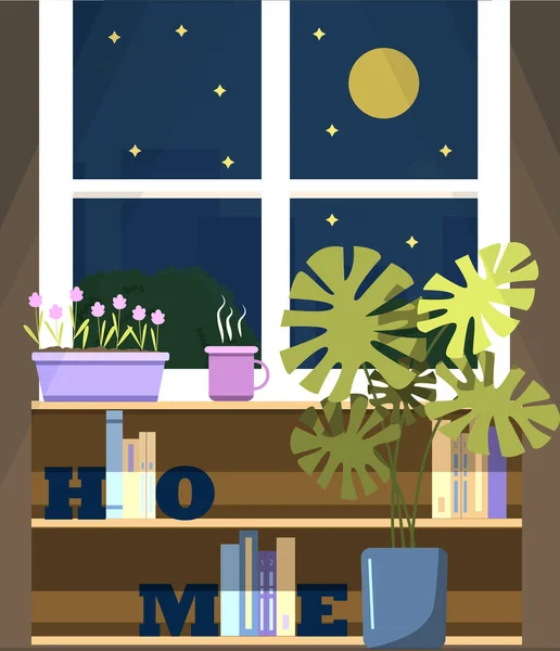 Okno z widokiem na nocne miasto, z kwiatem na parapecie i filiżanką herbaty. Płaska ilustracja pokoju z półkami na książki, uchwyty na książki, kwiat domowy w garnku potwora i — Zdjęcie stockowe