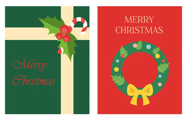 Carte de vœux de Noël en style plat. Illustration lumineuse avec un cadeau du Père Noël et une couronne d'arbre de Noël avec des jouets. Affiche pour salutations, fêtes, ventes ou annonces web. — Image vectorielle