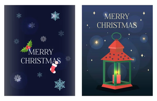 Christmas greeting card in flat style. Dark blue background with stars and silhouettes of candle holders and Christmas lanterns. Stylish romantic illustration with Christmas sleigh, flowers, candy and — Stock Vector