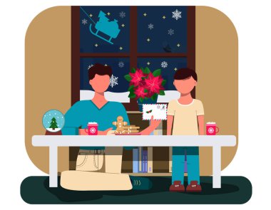 Baba ve oğul Noel Baba 'ya bir mektup yazıyorlar. Noel kartının düz çizimi. Noel süslemeleriyle dolu samimi bir yer. Bir fincan kakao, kurabiye ve pasantia kar küresiyle dolu bir masa. Bir