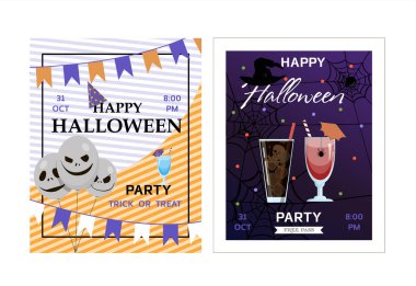 Cadılar Bayramı Parti Tasarım şablonu, balkabağı, şeker, örümcek, cadı, kurabiye, balon ve satış bilgileri. Reklam broşürleri. satış veya partiler.