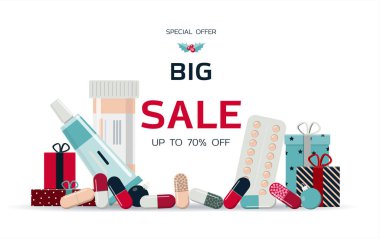 İlaç ve tıbbi hizmetlerin büyük Noel indirimi. Kara Cuma indirimleri bir internet sitesi, eczane, mağaza veya tıbbi ve ilaç ürünleri uygulaması için. Haplı parlak bayram afişi