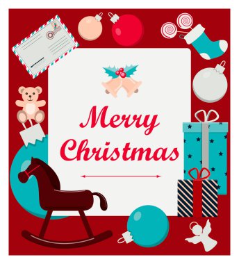 İçinde oyuncaklar ve hediyeler olan güzel bir Noel kartı. Çocuk ürünleri içeren bir web sitesi, mağaza ya da uygulama için düz çizim. Kar topu, kardan adam, kar taneleri, Noel baloları ve