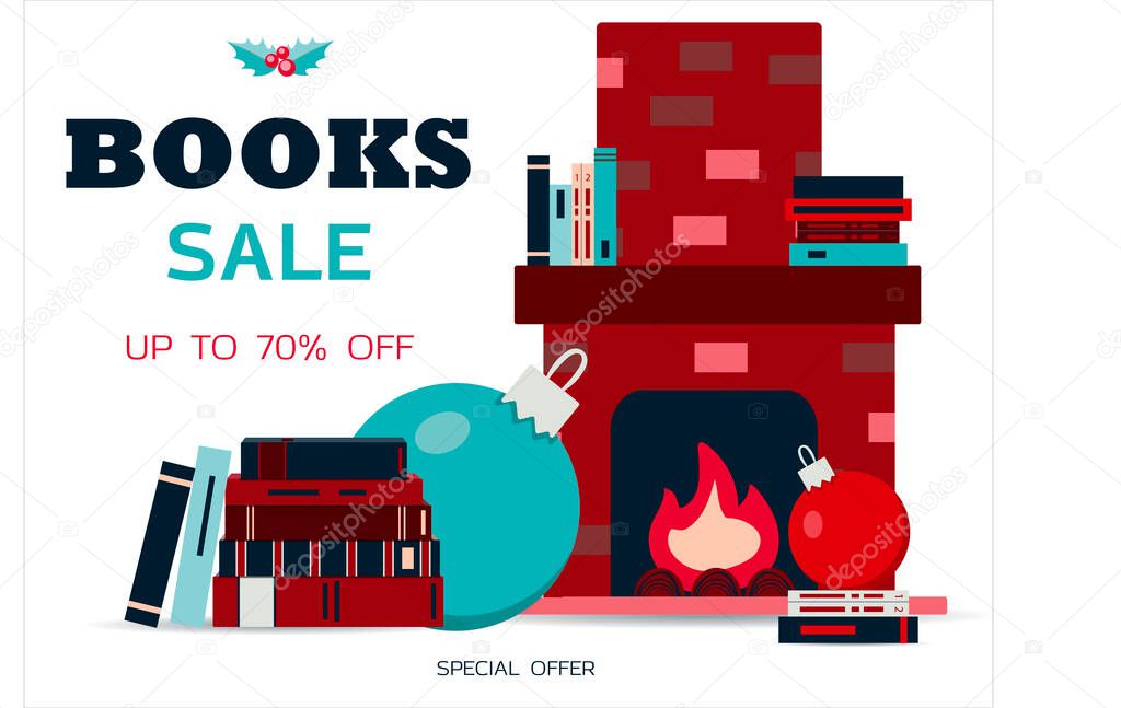 Big book sale. Vector illustration of a stack of books and a Cozy fireplace with books on the shelf. Banner for new year s sale, black Friday, or Christmas discounts. Bright advertising with a paper