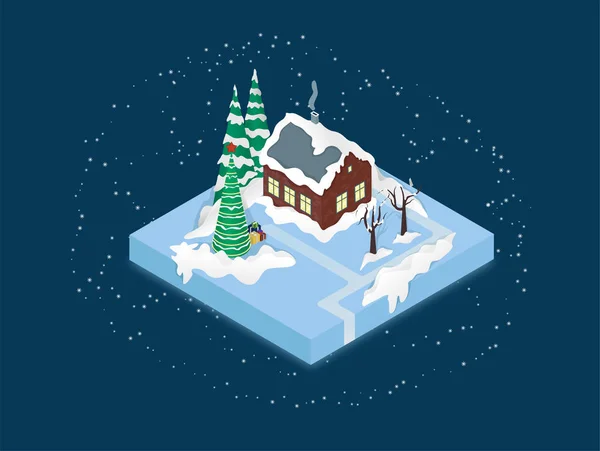 Maison d'hiver confortable et épicéa neigeux. Noël — Image vectorielle