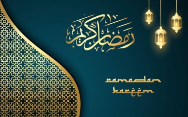 Ramazan Kareem Tebrik kartı tasarımı Geleneksel fener altın lamba süs ile Arapça Kaligrafi - Vektör