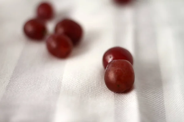 Raisins Rouges Juteux Sur Tissu Rayé Gris Blanc — Photo