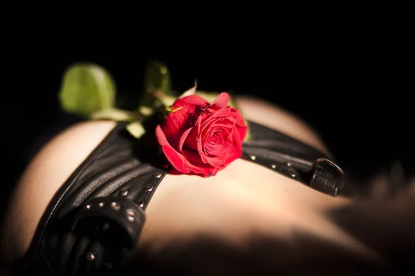 Sexy Vrouwelijke Kont Erotische Lederen Thong Met Een Roos Rug — Stockfoto