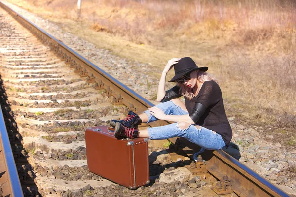 Traveling Beautiful Woman Retro Suitcase Waiting Train Royalty Free Stock Images