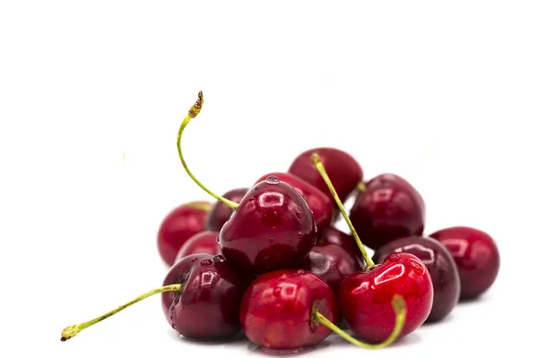Fresh Ripe Sweet Cherries Drops Dew Isolated White Background — Stock Photo, Image