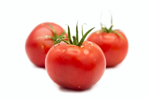 Reife Frische Bio Tomaten Tautropfen Isoliert Auf Weißem Hintergrund — Stockfoto